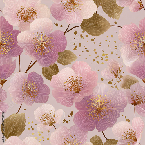 Luxury pastel sakura flower pattern with soft gold undertones and delicate leaves, creating elegant and soothing floral design perfect for stylish decor or fabric