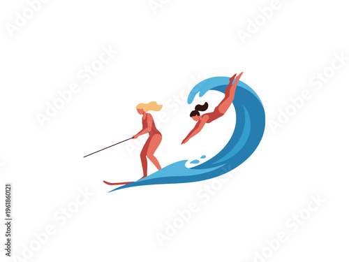 Women Water Skiing and Diving on Blue Ocean Wave Illustration