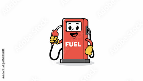 Fuel pump mascot character holding nozzle isolated on white