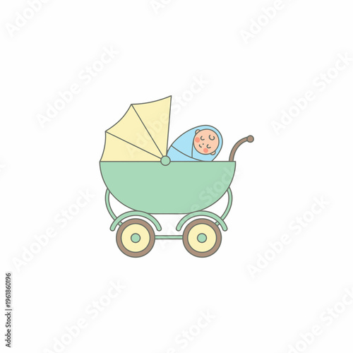 Newborn baby sleeping in a green pram carriage illustration