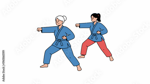 Karate training of senior and young women vector illustration