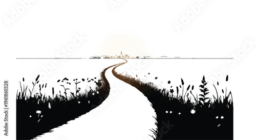 Winding path through a field of grass towards a distant horizon and a bright light.