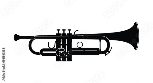 A detailed black silhouette of a brass trumpet instrument