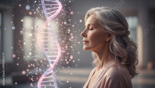 Woman with silver hair looking at glowing DNA double helix structure representing longevity and genetic health