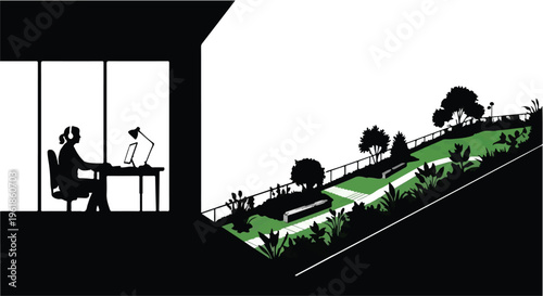 Silhouette of a person working at a desk in a modern office, looking out at a lush green park landscape.