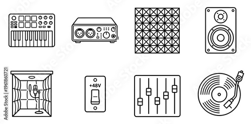 Recording studio equipment icons illustrating music production, audio engineering, creating new sound, and electronic music making processes with various studio tools