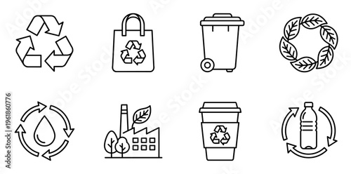 Environmental protection and green industry vector outline icons depicting recycling symbols, sustainable practices, eco-friendly products, and waste management solutions for a cleaner planet