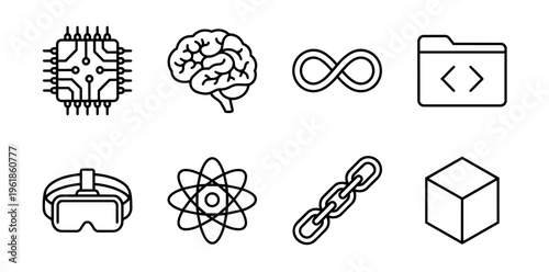 Artificial intelligence, technology, and virtual reality concepts illustrated through a collection of modern line icons exploring computing, brain power, and digital innovation