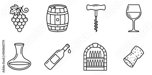 Wine production and tasting elements outline icons set, including grapes, barrel, corkscrew, glass, decanter, bottle, cellar storage, and cork, representing viticulture and enjoyment