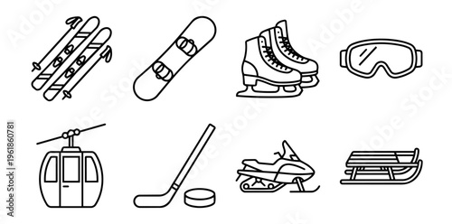 Collection of winter sports and activities line icons, including skiing, snowboarding, ice skating, hockey, snowmobiling, and sledding, representing cold season leisure and recreation