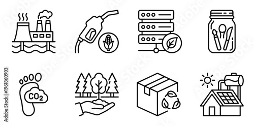 Environmental sustainability line icons set illustrating eco-friendly energy, green technology, recycling, carbon footprint, nature preservation, and renewable solutions