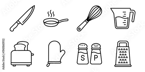 Kitchen utensil outline icon set for cooking and baking: knife, pan, whisk, measuring cup, toaster, oven mitt, grater, salt & pepper — minimalist vector kitchenware collection