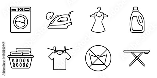 Laundry and cleaning service outline icons set including washing machine, ironing, clothesline, detergent, basket, hanger, ironing board, and care symbols
