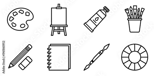 Collection of outline art tools and drawing supplies illustrating creativity, learning, and the process of artistic design and painting on a clean white background