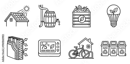 Compilation of simple line icons illustrating various aspects of sustainable living and eco-friendly practices for home and environment, promoting green energy and conservation