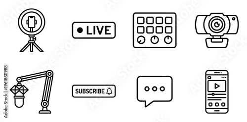 Streaming and broadcasting lifestyle icons set featuring live indicator, mobile screen, webcam, mic, ring light, mixer, subscribe button, and chat bubble for content creation
