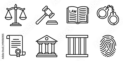 Legal system concept featuring a collection of line icons including scales of justice. Courtroom gavel. Law book. Handcuffs. Document. Courthouse. Prison bars. Crime. And legal processes