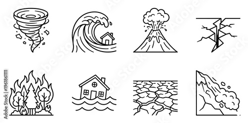 Natural disasters causing destruction and environmental damage. With icons representing weather events. Geological forces. And climate change impacts like tornadoes. Tsunamis. Volcanic eruptions