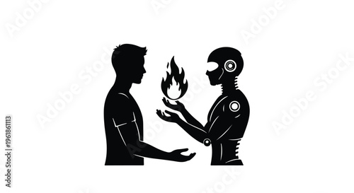 Human and robot exchanging a flame, symbolizing knowledge transfer and innovation.