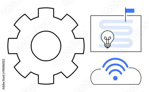 Technology concept. Technology integration with a gear, innovation with a lightbulb, and connectivity using a cloud and wireless signal. For automation, networking, innovation, collaboration