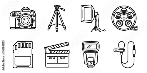 Professional photography and videography studio equipment set, illustrating various tools for capturing images and creating video content, including camera, lighting, sound, and storage