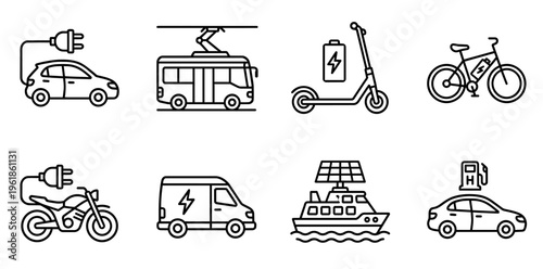 Eco transport methods icon set showing electric vehicle charging, public bus, scooter, bicycle, motorcycle, delivery van, solar boat, and hydrogen car for sustainable future mobility
