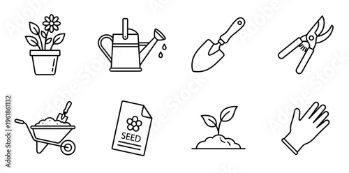 Set of diverse gardening icons representing core activities and equipment for planting, cultivation, and plant care, symbolizing growth, hobby, and agricultural work in a simple line art style