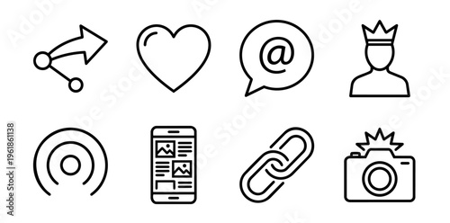 Line art icon set illustrating essential concepts of social media, digital communication, and online engagement through sharing, liking, mentioning, mobile content, and web connectivity