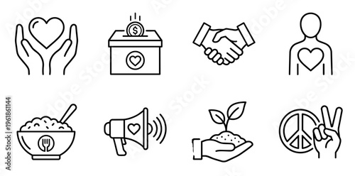 Charity, donation, volunteering, and community support linear icons set, symbolizing kindness, humanity, peace, fundraising, food aid, and environmental care concepts