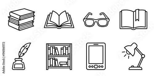 Line art vector icons of books, eyeglasses, quill, e-reader and bookshelf representing reading, writing, study and knowledge for education, library and learning concepts