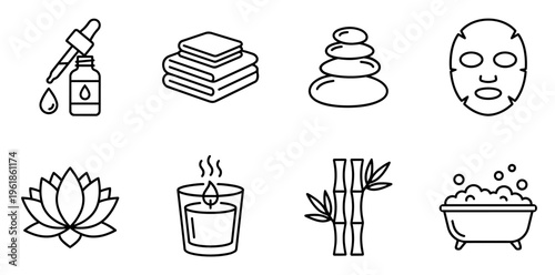 Spa and wellness line art icon set depicting skincare, massage, aromatherapy and relaxation essentials — towels, stones, candles, oils, masks and bath symbols for self-care concepts