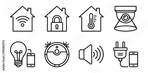 Smart home system icons illustrating technology for security, automation, climate control, and connectivity, representing internet of things and modern living