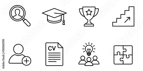 Career development and recruitment icons set including job search, education, success, career ladder, new employee, cv, teamwork, and problem solving concepts