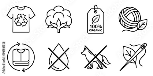 Set of minimalist line icons illustrating key aspects of sustainable fashion, ethical textile production, and ecological practices for clothing and materials