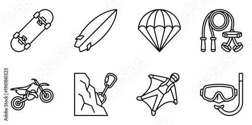 Cohesive set of outlined icons illustrating different extreme sports, adventures, and outdoor recreation equipment and activities for lifestyle, hobby, and leisure concepts