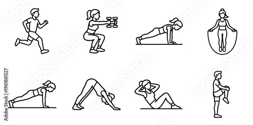Minimalist line-art icon set showing diverse people doing workouts—running, yoga, strength and cardio moves—clean black-and-white fitness illustrations for wellness projects