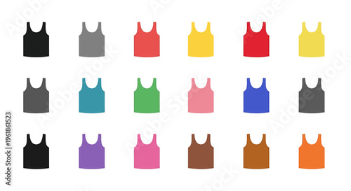 A collection of colorful tank tops and sleeveless shirts in various hues arranged neatly on a white background.