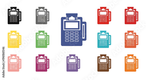 Collection of colorful point-of-sale terminal icons, depicting various credit card machines in different hues, suitable for business and payment processing designs.
