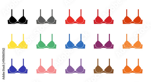 Collection of various colored bras arranged in rows on a white background.