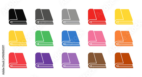 Collection of neatly folded towels or blankets in a variety of vibrant and neutral colors, arranged in rows on a white background, perfect for home decor.