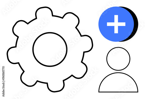 User account management. Gear icon and profile with a plus symbol account creation, settings configuration, and user administration. Perfect for software, technology systems, user onboarding, data
