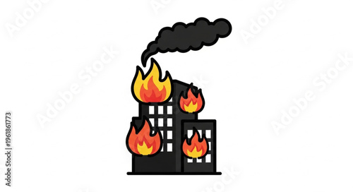 Building on fire with flames and smoke.