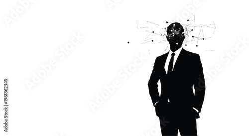 Silhouette of a businessman with abstract digital connections emanating from his head, representing ideas and innovation.
