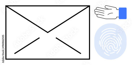 Digital communication, cybersecurity, data privacy, verification processes, identity authentication, secure email. Envelope icon, fingerprint graphic and outstretched hand. Focus on cybersecurity