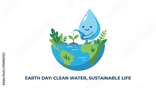 Water Droplet Character Watering a Sprout on Earth Illustration
