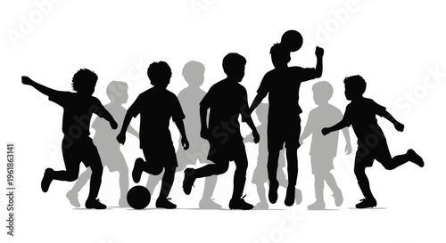 Silhouettes of children playing soccer together with energy and joy on a white background.