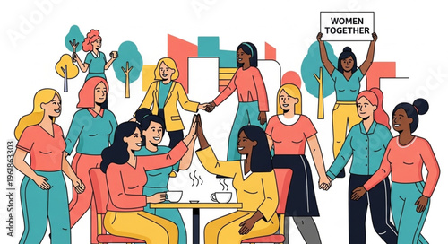 Diverse group of women celebrating together in solidarity.