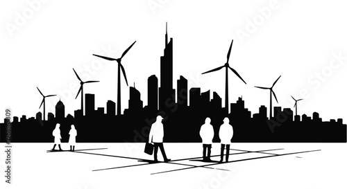Modern cityscape silhouette with wind turbines and people walking, representing sustainable urban living.