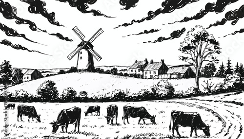 A vintage vector illustration of an old windmill silhouette in a farm field with a horse and trees under a vast sky