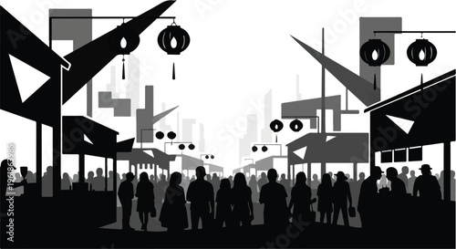 Vibrant street market scene with diverse crowd and stylized architectural elements